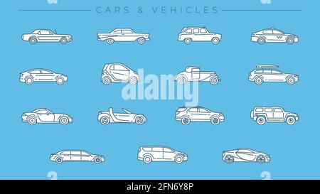 Jeu d'icônes vectorielles de style de ligne de conception pour voitures et véhicules. Illustration de Vecteur