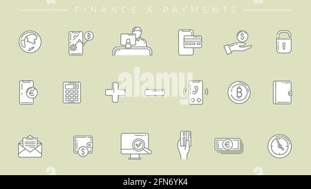 Jeu d'icônes vectorielles de style de ligne de concept Finance et Paiements. Illustration de Vecteur