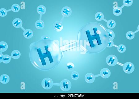 Molécules d'hydrogène flottant dans l'air sur fond bleu. illustration 3d. Banque D'Images