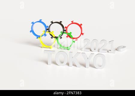 Anneaux olympiques en forme de coronavirus isolés sur fond blanc. Tokyo 2020. Illustration 3d. Banque D'Images