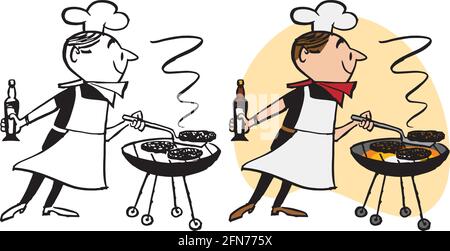 Un dessin animé rétro d'un homme dans un chapeau de chef et arron barbecue hamburgers sur un grill. Illustration de Vecteur