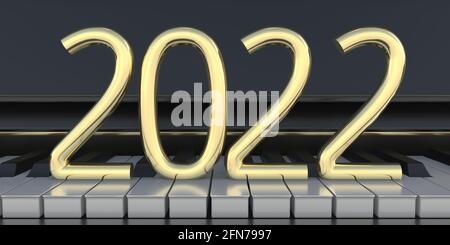 2022 musique de piano nouvelle année. Concept de fête des fêtes. Numéro Golden Shiny sur le clavier des instruments de musique. illustration 3d Banque D'Images