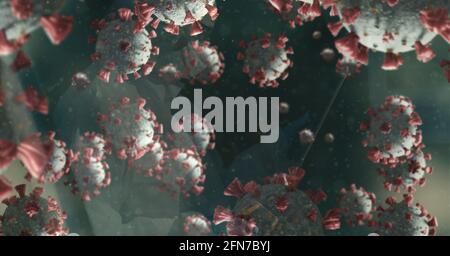 Composition de cellules covid 19 flottant sur le médecin dans l'epi costume et masque Banque D'Images