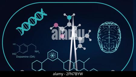 Composition de l'adn, des données médicales et des composés chimiques sur fond noir Banque D'Images
