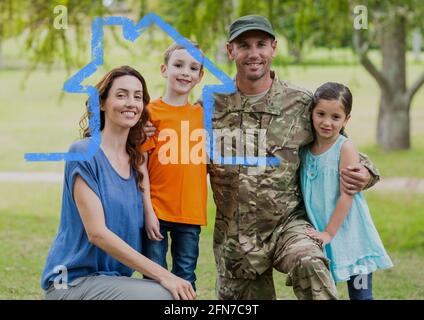 Composition de la maison dessin sur le portrait de soldat masculin avec sa femme et ses enfants Banque D'Images