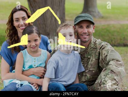 Composition de la maison dessin sur le portrait de soldat masculin avec sa femme et ses enfants Banque D'Images