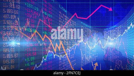 Spot de lumière et graphiques multiples sur les données du marché boursier traitement sur fond bleu Banque D'Images