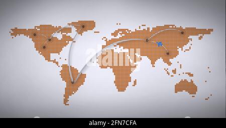 Image générée numériquement des pistes lumineuses sur la carte du monde contre arrière-plan gris Banque D'Images
