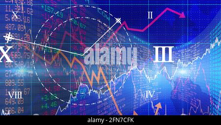 Chiffres romains et graphiques multiples sur le traitement des données du marché boursier sur fond bleu Banque D'Images