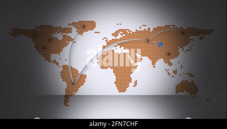 Image générée numériquement des pistes lumineuses sur la carte du monde contre arrière-plan gris Banque D'Images