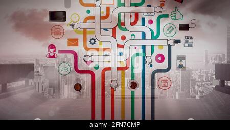 Composition d'un réseau de connexions avec des icônes sur le paysage urbain Banque D'Images