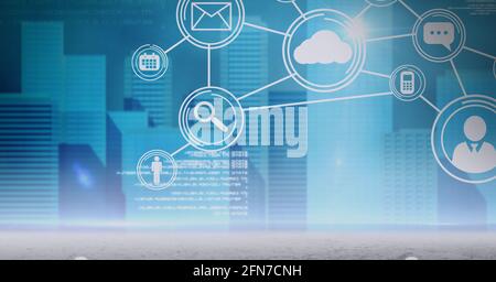 Composition d'un réseau de connexions avec des icônes sur le paysage urbain Banque D'Images