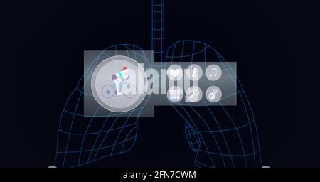 Composition d'icônes sportives avec traitement des données et poumons bleus sur fond noir Banque D'Images