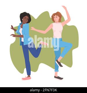 mélangez les filles de course dansant les danseuses féminines en appréciant le couple amusant fête de danse sur toute la longueur Illustration de Vecteur