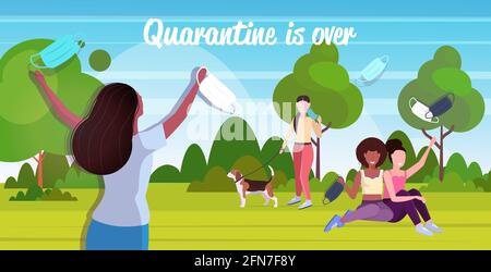 mélangez les gens de course qui prennent des masques en plein air dans le parc la mise en quarantaine du coronavirus prend fin Illustration de Vecteur