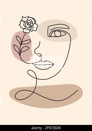 Les femmes boho font face à un vecteur abstrait d'art mural. Ensemble de portraits surréalistes, visage de fille avec feuilles en ligne. Technique de contour géométrique abstrait tendance, Illustration de Vecteur