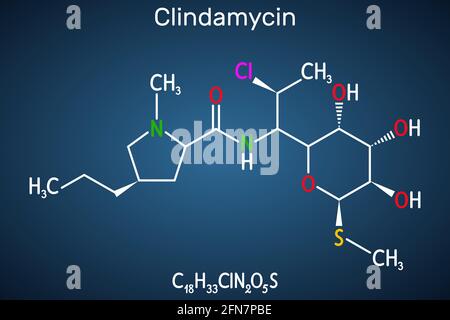 Molécule de clindamycine. Il s'agit d'un médicament antibactérien à base de lincosamide, un antibiotique à large spectre semi-synthétique. Formule chimique structurelle sur le dos bleu foncé Illustration de Vecteur