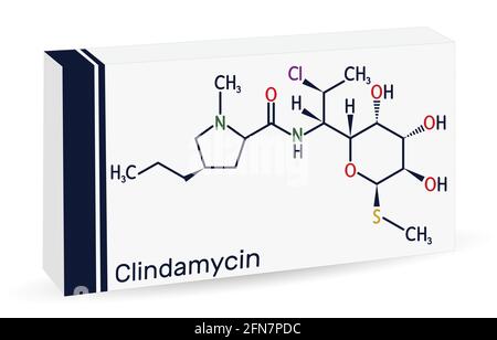 Molécule de clindamycine. Il s'agit d'un médicament antibactérien à base de lincosamide, un antibiotique à large spectre semi-synthétique. Emballage en papier pour médicaments. Illustration vectorielle. V Illustration de Vecteur