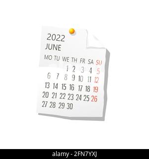 Calendrier 2022 sur livre blanc, juin. Vecteur modifiable sur fond blanc Illustration de Vecteur