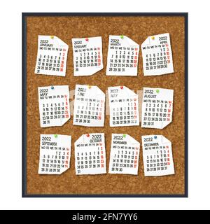 calendrier 2022 sur feuilles de papier au-dessus d'un panneau en liège encadré. Illustration vectorielle. Illustration de Vecteur