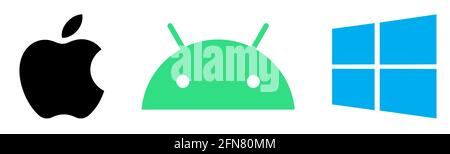 Vinnytsia, Ukraine - 12 mai 2021 : ensemble de logos de systèmes d'exploitation populaires. Logos Mac OS, Android 10 et Windows 10. Vecteur éditorial isolé sur blanc Illustration de Vecteur
