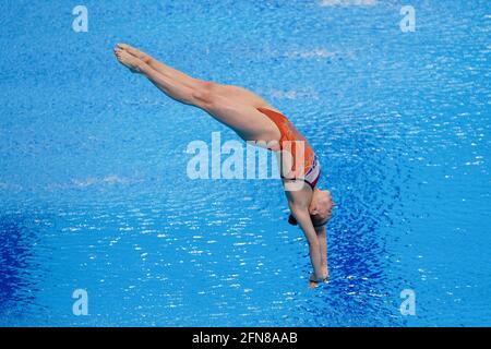 BUDAPEST, HONGRIE - MAI 15 : Inge Jansen des pays-Bas participant au Springboard préliminaire de 3M Womens lors des championnats européens de plongée sous-marine LEN à Duna Arena le 15 mai 2021 à Budapest, Hongrie (photo d'Andre Weening/Orange Pictures) Banque D'Images