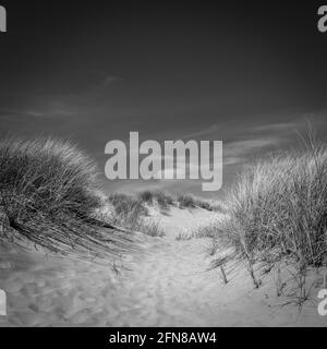 Une vue panoramique en noir et blanc sur Ainsdale Sands, Southport, Merseyside, Greater Manchester. Banque D'Images