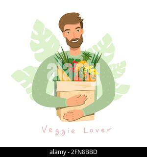 Jeune homme tenant des fruits et légumes naturels dans un sac de papier d'épicerie. L'homme végétarien barbu mange des produits biologiques. Joyeux personnage de dessin animé masculin. Végétarien Illustration de Vecteur