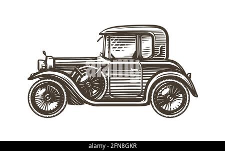 Mise en plan de voiture rétro dans un style d'esquisse, vue latérale. Illustration de vecteur de transport vintage Illustration de Vecteur