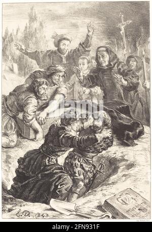 Hameau et Laertes dans la tombe d'Ophelia (Act V, scène I), 1843. Banque D'Images