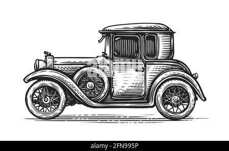 Voiture rétro dessinée dans le style de gravure. Véhicule d'époque, illustration vecteur de transport Illustration de Vecteur