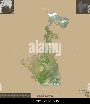 Bengale-Occidental, État de l'Inde. Imagerie satellite Sentinel-2. Forme isolée sur un arrière-plan solide avec des superpositions informatives. Contient Copernic modifié Banque D'Images