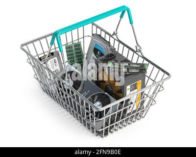 Panier d'achat de matériel informatique. Achat de pièces d'ordinateur en ligne concept. illustration 3d Banque D'Images