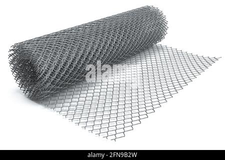 Bobine de fil d'acier. Rouleau de filet en maille Rabitz isolé sur blanc. illustration 3d Banque D'Images