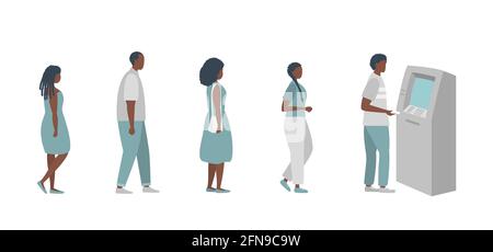 File d'attente vers le distributeur automatique de billets. Les Noirs attendent en file d'attente pour retirer de l'argent d'un guichet automatique. Illustration vectorielle de style plat. Illustration de Vecteur