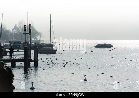 Le lac de Zurich et le bord de lac autour de Zurich Bellevue lors d'une belle journée d'hiver ensoleillée. Banque D'Images