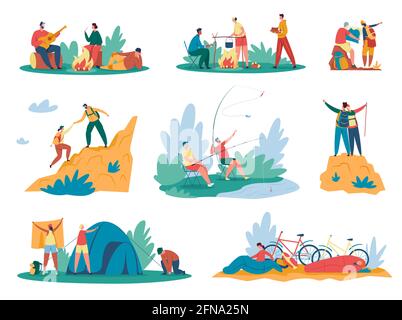 Camping de personnes. Touristes ou randonneurs avec des sacs à dos escalade montagnes, assis près de feu de camp, cuisine. Ensemble de vecteur d'activité aventure de randonnée d'été. Personnages mettant en place tente, pêche Illustration de Vecteur