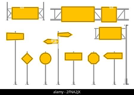 Panneaux de signalisation jaunes. Signalisation routière vierge, attention à la circulation routière, annonces de sécurité. Jeu de repères rectangulaires jaunes vides à vecteur isolé. Pointeur de position ou flèche pour le transport Illustration de Vecteur