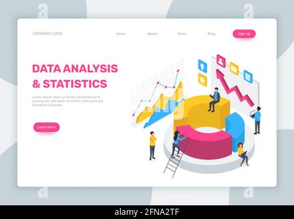 Page d'accueil de l'analyse des données. concept de statistiques isométriques 3d avec ordinateur portable, diagrammes, diagrammes. Équipe d'analystes travaillant avec la conception Web de vecteur de données. Les employés qui effectuent des processus et des rapports financiers Illustration de Vecteur