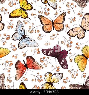 Motif papillon sans coutures. Papillons et fleurs, adorable tissu de printemps ou d'été, papier peint graphique vecteur répétition de texture. Motif insectes et plantes multicolores Illustration de Vecteur
