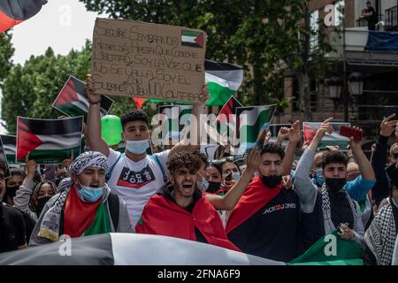 Madrid, Espagne. 15 mai 2021. Les manifestants détiennent des drapeaux lors d'une manifestation en solidarité avec les Palestiniens et contre les attaques israéliennes contre la bande de Gaza à Madrid. Crédit : SOPA Images Limited/Alamy Live News Banque D'Images