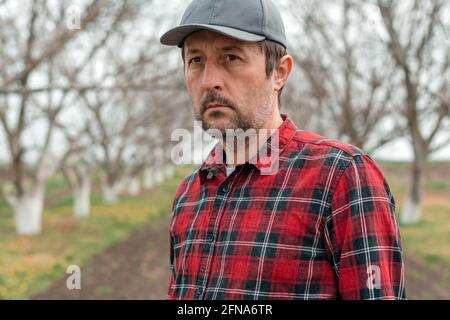 Portrait d'un beau fermier confiant avec casquette de baseball et chemise en flanelle debout dans le verger de fruits de noyer, foyer sélectif Banque D'Images