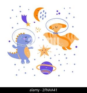 Image de dessins animés des dinosaures dans cosmos, graphiques vectoriels, sur un fond blanc. Pour la conception de cartes postales, affiches, imprimés pour t-shirts, mugs Illustration de Vecteur