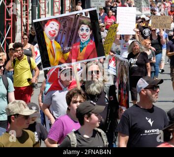 Ottawa, Canada. 15 mai 2021. Rassemblement « pas plus de confinement » dans la rue d’Ottawa, où les gens dénoncent le troisième confinement, la province de l’Ontario a participé à la pandémie Covid-19 en cours. Avec des signes dénonçant le travail des gouvernements fédéral et provinciaux, ainsi que de protester contre diverses composantes du confinement comme la fermeture d'église, le déploiement de vaccins et les attaques générales contre la liberté personnelle. La marche de plusieurs centaines de participants a pris fin devant le Parlement canadien. Credit: Meanderingemu/Alamy Live News Banque D'Images