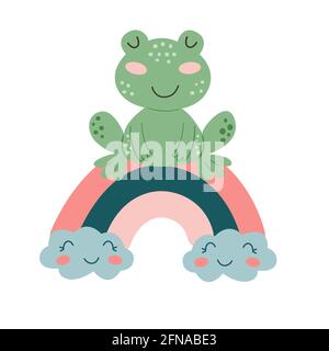 Image avec une jolie grenouille de dessin animé sur un arc-en-ciel coloré. Graphiques vectoriels sur fond blanc. Pour la conception d'affiches, de cartes postales, de couvertures d'ordinateur portable Illustration de Vecteur