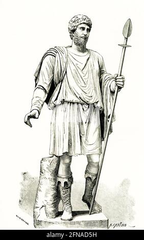 La légende de 1884 se lit comme suit : « Commodus en costume de chasse – statue de marbre pentélique au Vatican Braccio Nuovo (Nouvelle aile du Musée du Vatican) ». Commodus fut empereur romain conjointement avec son père Marcus Aurelius de 176 jusqu'à la mort de son père en 180, et seulement jusqu'en 192. Son règne est généralement considéré comme marquant la fin de la période dorée de paix dans l'histoire de l'Empire romain connu sous le nom de Pax Romana. Banque D'Images