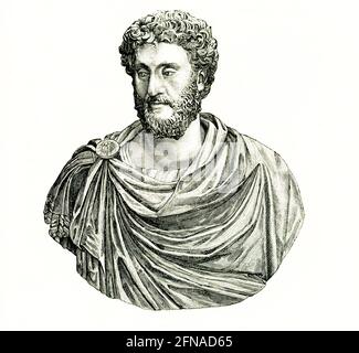 Cette illustration montre un buste en marbre de l'empereur romain Commodus qui a été trouvé à Ostia et est logé dans le Musée du Vatican. Commodus fut empereur romain conjointement avec son père Marcus Aurelius de 176 jusqu'à la mort de son père en 180, et seulement jusqu'en 192. Son règne est généralement considéré comme marquant la fin de la période dorée de paix dans l'histoire de l'Empire romain connu sous le nom de Pax Romana. Banque D'Images