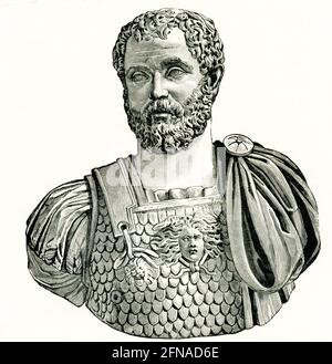 Cette illustration montre un buste de l'empereur romain Septimius Severus. Il est en marbre avec un albâtre chlamys et a été trouvé à Rome sous l'église Saint François d'Assise. Il se trouve dans le musée Capitoline, dans la salle des Emperors. Lucius Septimius Severus était un empereur romain de 193 à 211. Il est né à Leptis Magna, dans la province romaine d'Afrique. En tant que jeune homme, il a avancé par la succession coutumière de bureaux sous les règnes de Marcus Aurelius et Commodus. Banque D'Images