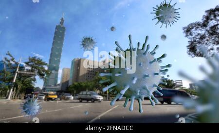 Illustration 3D. Taiwan de grands bâtiments dans la capitale avec coronavirus 2019 nCov concept. Épidémie asiatique et coronavirus influenza comme grippe dangereuse Banque D'Images