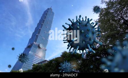 Illustration 3D. Virus Covid 19 sur un magnifique bureau d'affaires de gratte-ciel dans le centre-ville de Taipei. Monument célèbre bâtiment 101 Skyline et coronav Banque D'Images